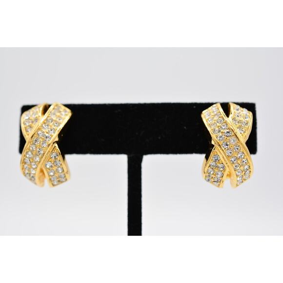 Christian Dior Vintage Clip On Earrings X Rhinestone Crystal Gold Signed BinAO - Picture 1 of 13